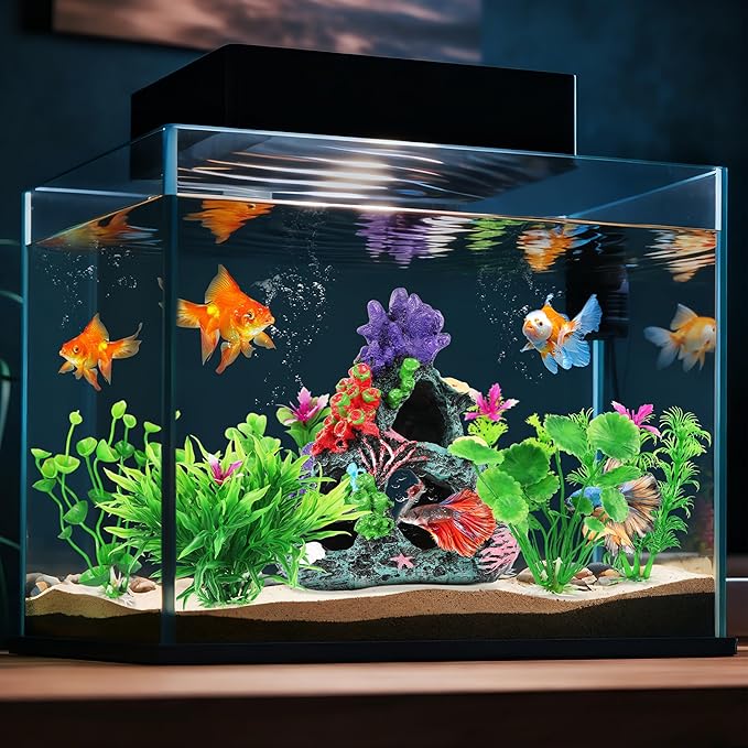 MyLifeUNIT Fish Tank Decorations, 7 Pieces Aquarium Plants Set with Coral Reef Decoration Mountain Cave Ornament for Betta, Goldfish, Shrimp to Breed, Play and Rest (Green)
