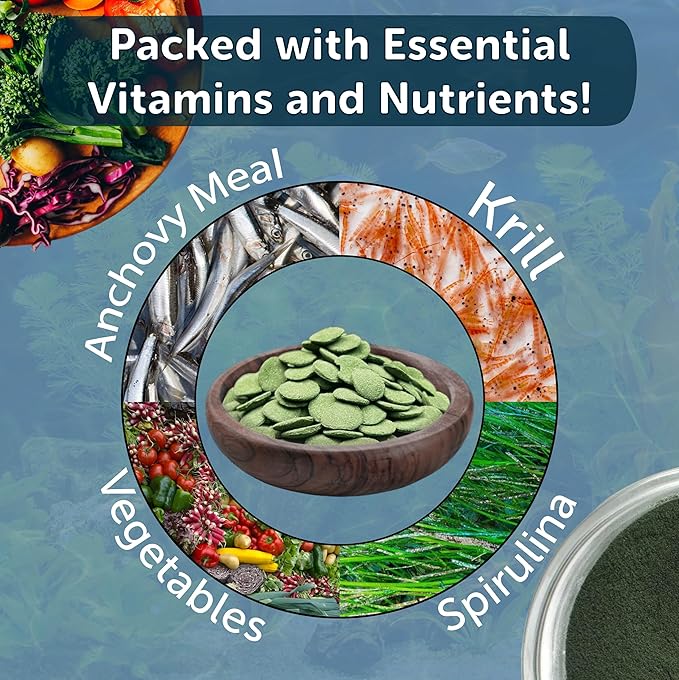 12mm - 1/2" Small Sinking Wafers of Spirulina, Algae & Veggies for Plecos, Catfish, Shrimp, Snails, Crabs, Crayfish, 12-Type Pellet Mix & 4-Type Wafer Mix Included..4.9oz Canister