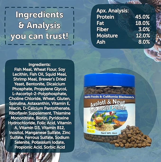 Axolotl Pellet Food 3/16" Soft Moist Sinking Pellets for Juvenile Axolotl Also Shrimp, Snails, Crayfish, Bottom Tropical Fish, Blackworm Pellets Included 12oz Canister