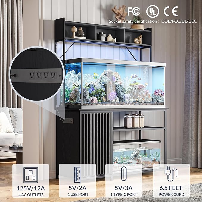 BELLEZE 55-90 Gallon Aquarium Stand with LED Lights, Fluted Cabinet For Fish Tank Accessories Storage, Heavy Duty Metal & Power Outlets, 1200 LBS Capacity, Turtle Tank Reptile Terrarium, Black Ebony