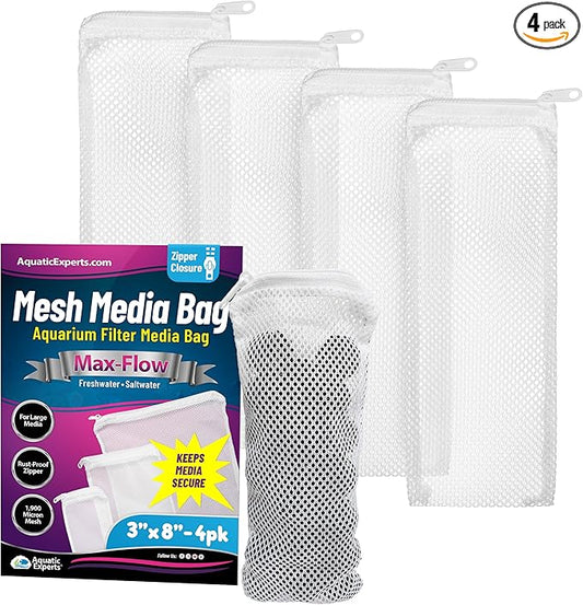 Aquatic Experts Max Flow Filter Media Bags - Durable, Secure with Plastic Zipper, for Aquarium and Pond, Zipper, 3" x 8" - 4 Pack