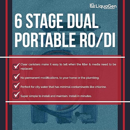 LiquaGen Portable - 6 Stage Dual Use (Drinking & 0 PPM Aquarium Reef/Deionization) Reverse Osmosis Water System (RO/DI) w/pH Alkaline Mineral Restoration Filter (50 GPD)