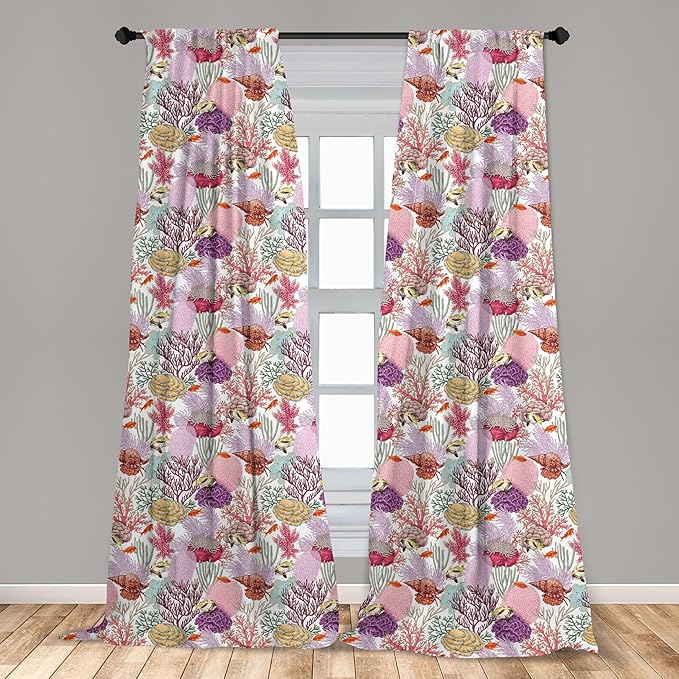 Lunarable Aquarium Curtains, Colorful Coral Reef Pattern with Exotic Fishes and Seashells Aquatic Ecosystem, Window Treatments 2 Panel Set for Living Room Bedroom, Pair of - 28" x 95", Pink Purple