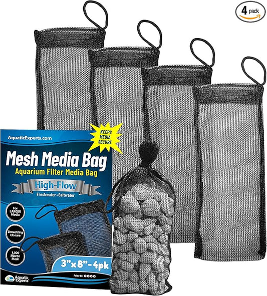 Aquatic Experts High Flow Filter Media Bag - Durable Filter Bags for Fish Tank, Secure Aquarium Media Bag with Drawstring, Media Bags for Aquarium and Pond, High Flow (Black), 3” x 8" – 4 Pack